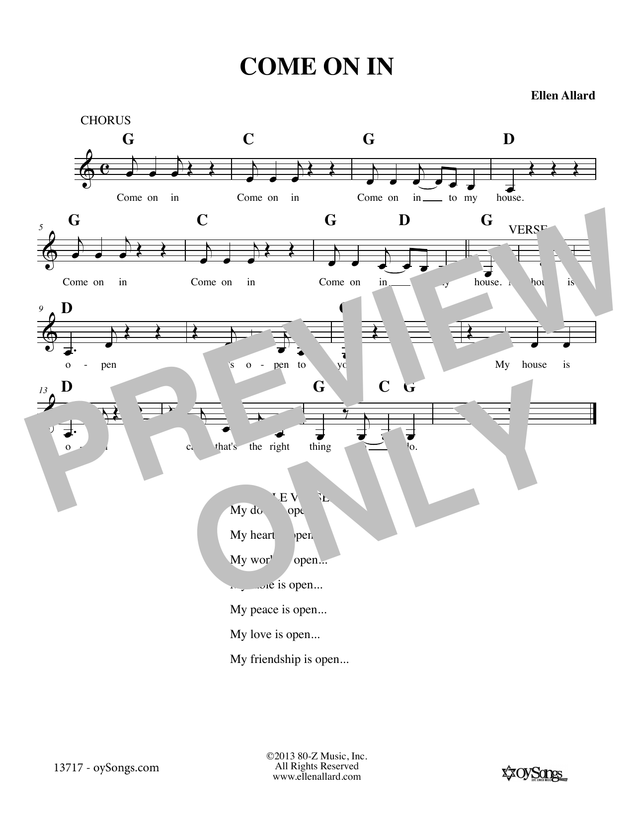 Ellen Allard Come On In Sheet Music Notes & Chords for Melody Line, Lyrics & Chords - Download or Print PDF