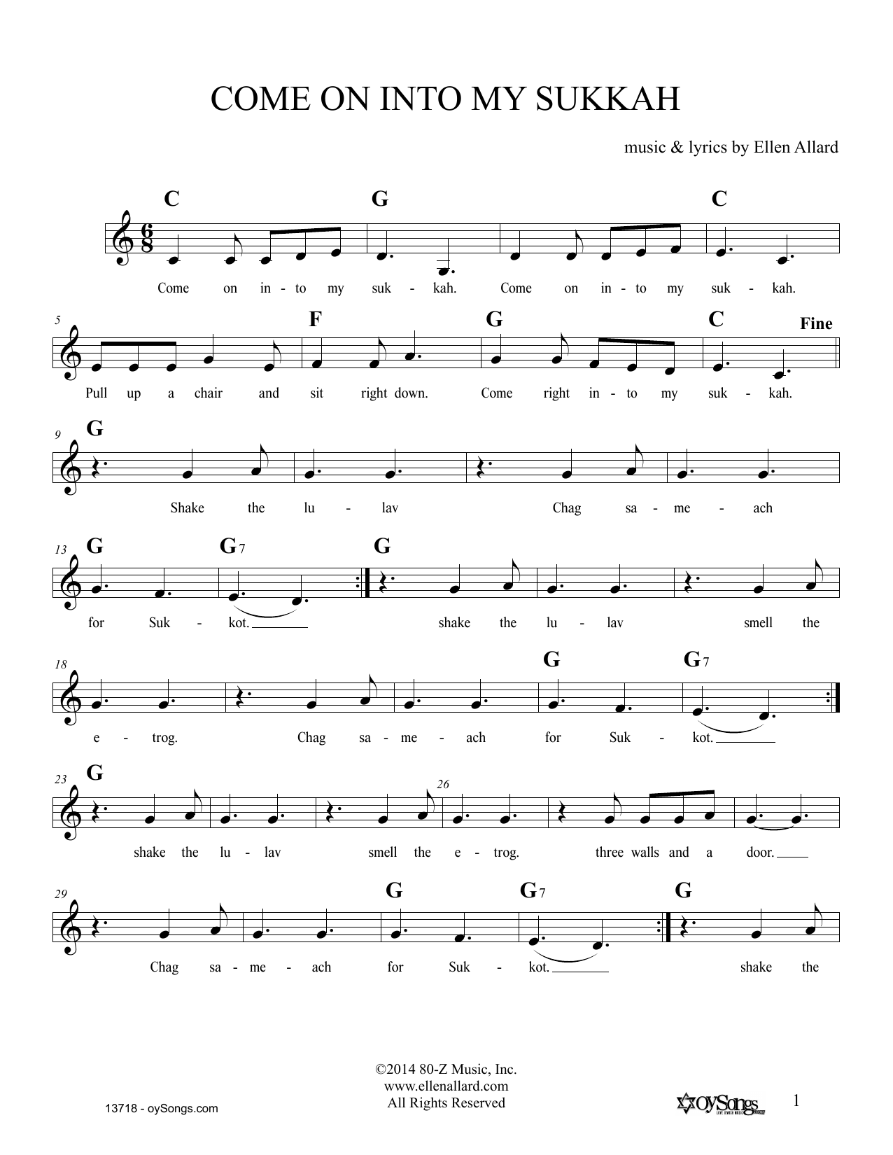 Ellen Allard Come On Into My Sukkah Sheet Music Notes & Chords for Melody Line, Lyrics & Chords - Download or Print PDF