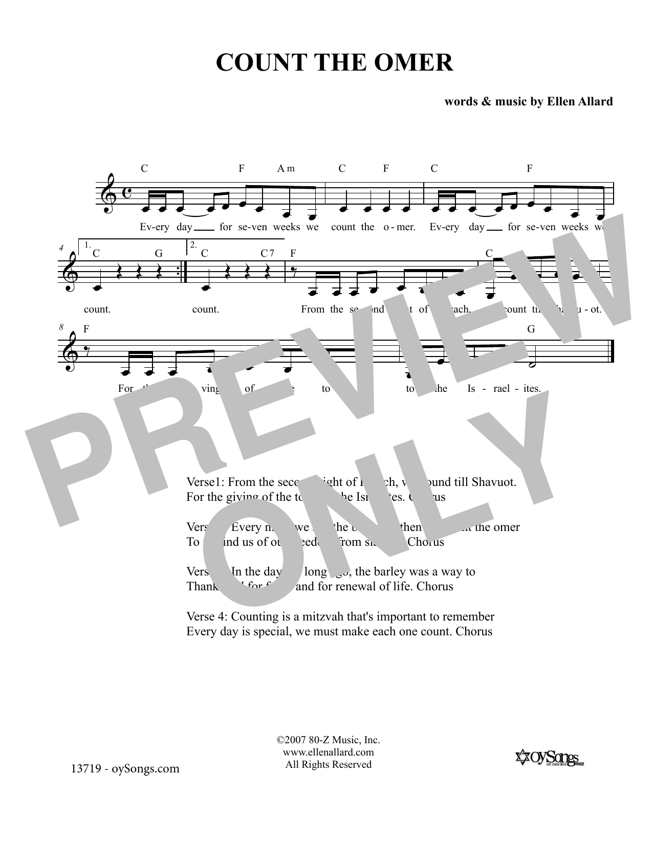 Ellen Allard Count the Omer Sheet Music Notes & Chords for Melody Line, Lyrics & Chords - Download or Print PDF