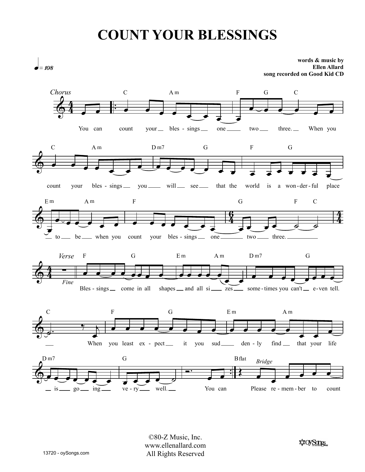 Ellen Allard Count Your Blessings Sheet Music Notes & Chords for Melody Line, Lyrics & Chords - Download or Print PDF