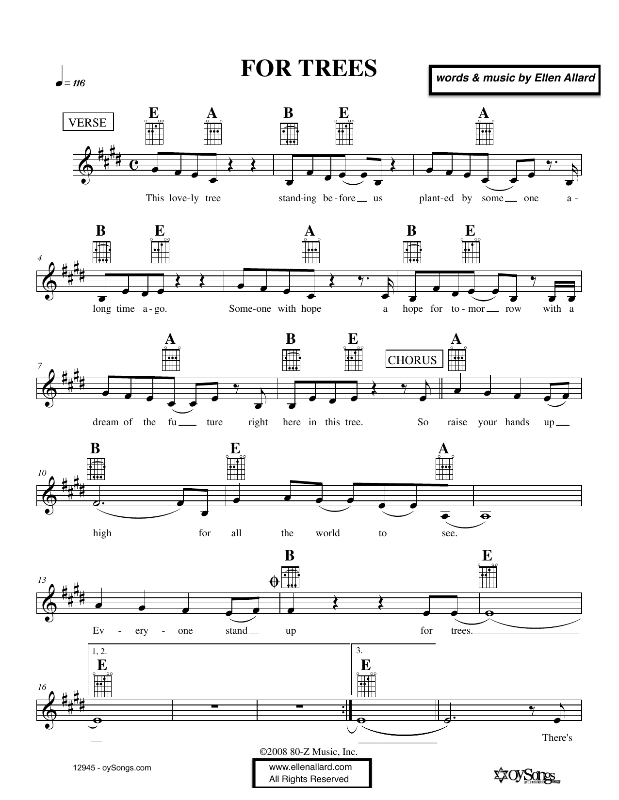 Ellen Allard For Trees Sheet Music Notes & Chords for Melody Line, Lyrics & Chords - Download or Print PDF