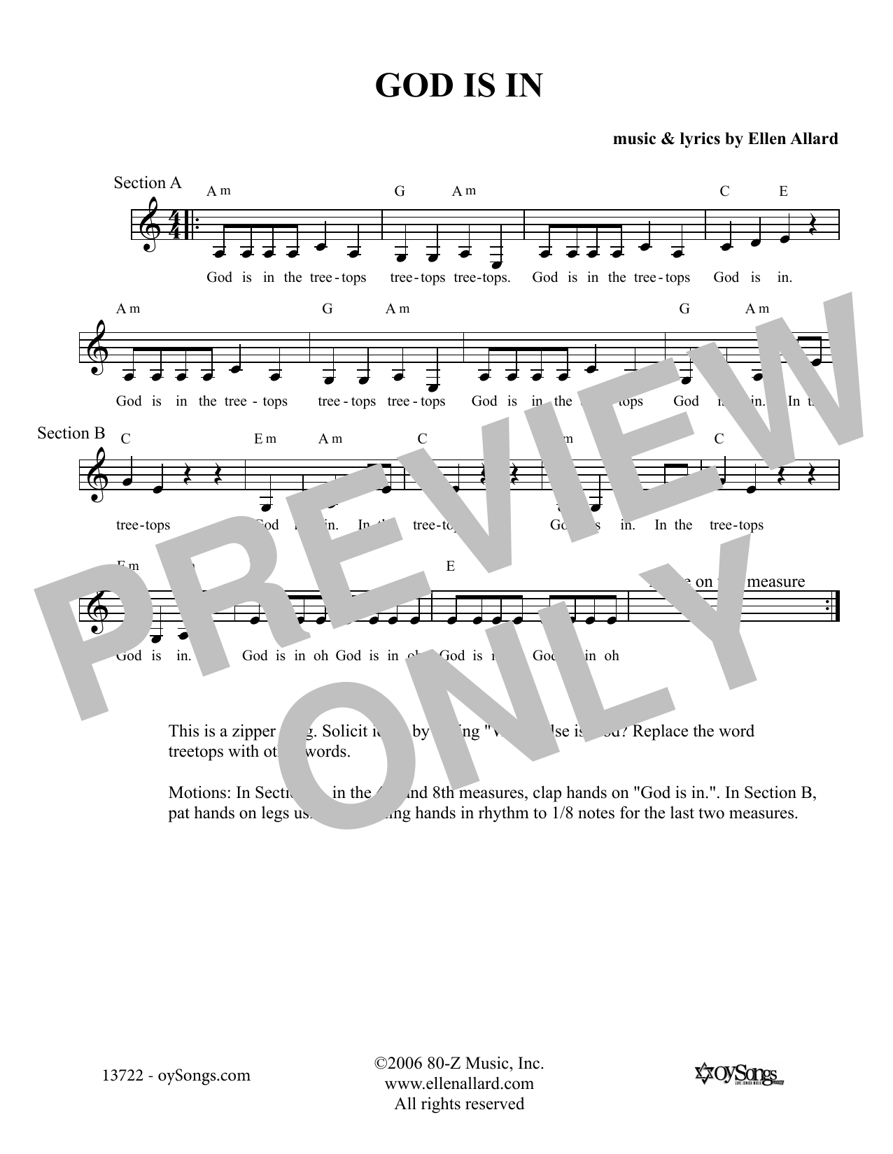 Ellen Allard God Is In Sheet Music Notes & Chords for Melody Line, Lyrics & Chords - Download or Print PDF