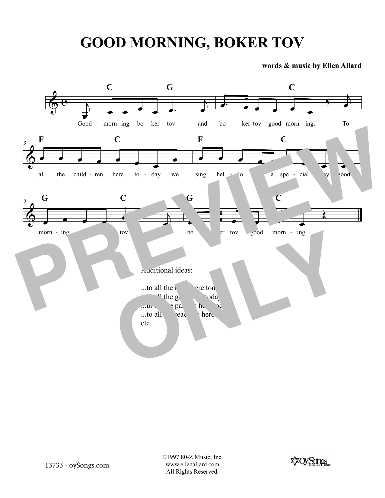 Ellen Allard Good Morning Boker Tov Sheet Music Notes & Chords for Melody Line, Lyrics & Chords - Download or Print PDF