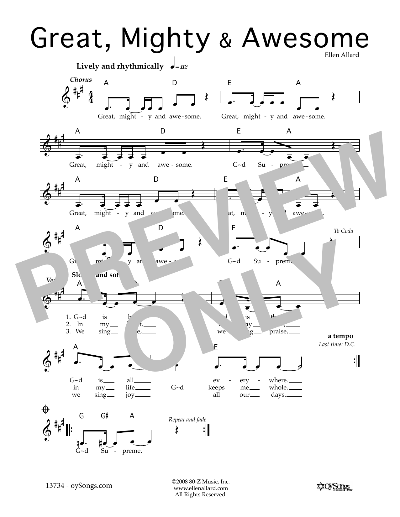 Ellen Allard Great Mighty and Awesome Sheet Music Notes & Chords for Melody Line, Lyrics & Chords - Download or Print PDF