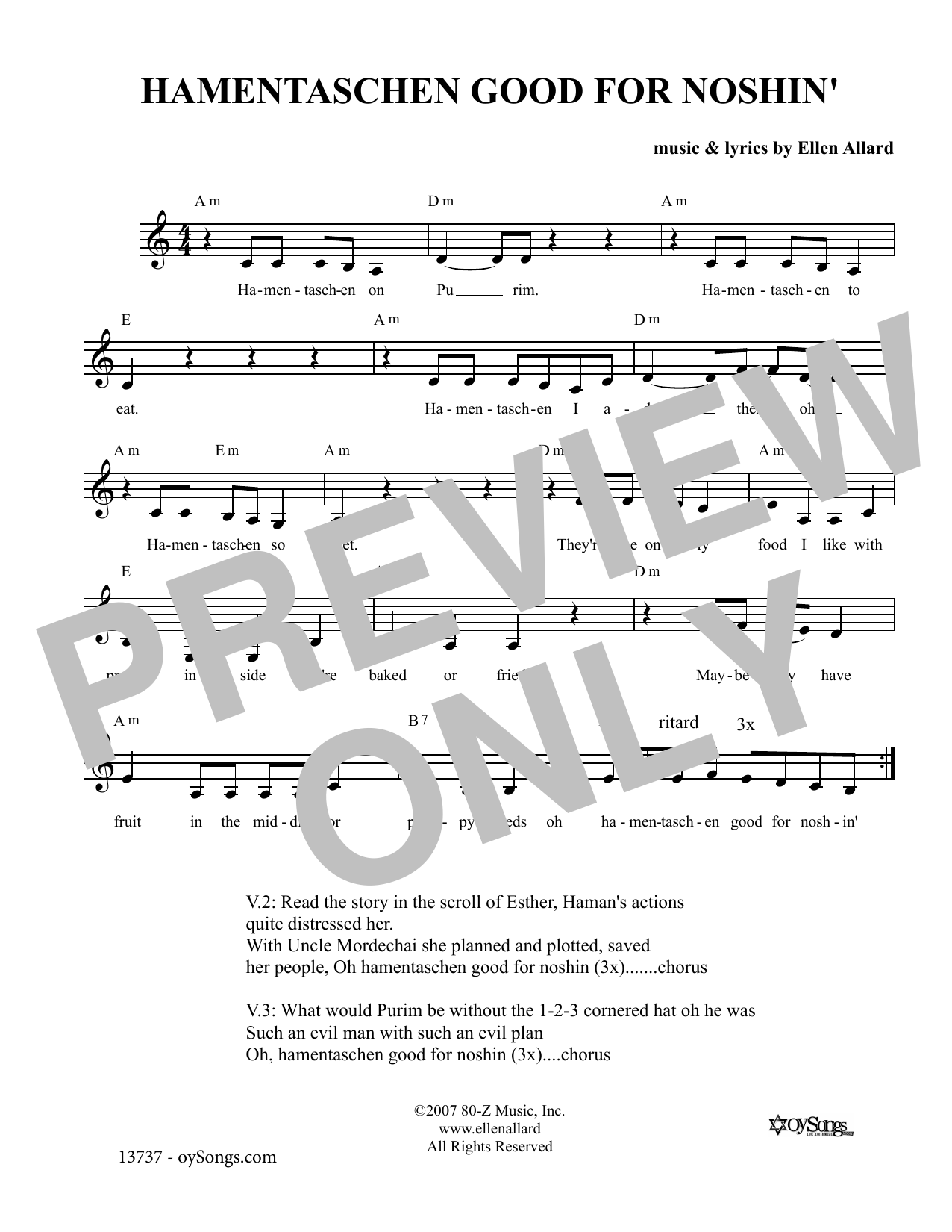 Ellen Allard Hamentaschen Good For Noshin Sheet Music Notes & Chords for Melody Line, Lyrics & Chords - Download or Print PDF