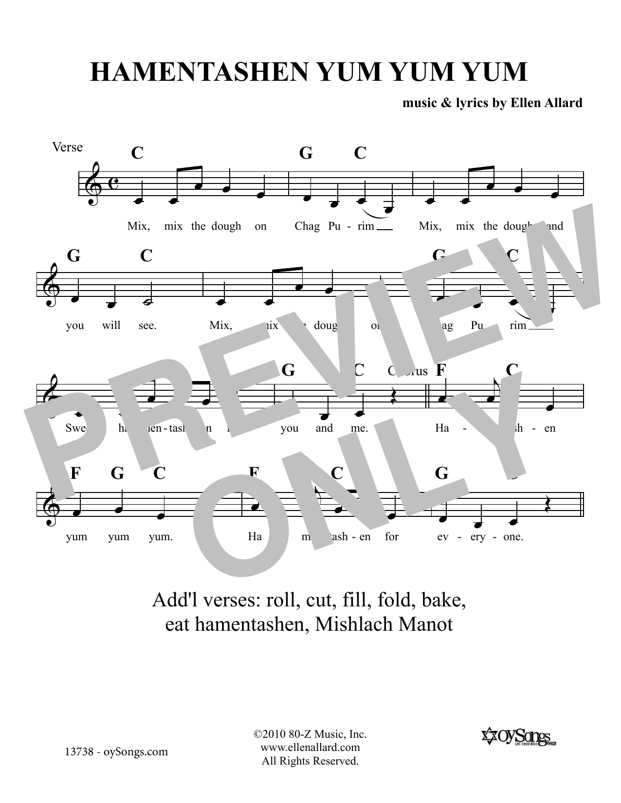 Ellen Allard Hamentashen Yum Yum Yum Sheet Music Notes & Chords for Melody Line, Lyrics & Chords - Download or Print PDF