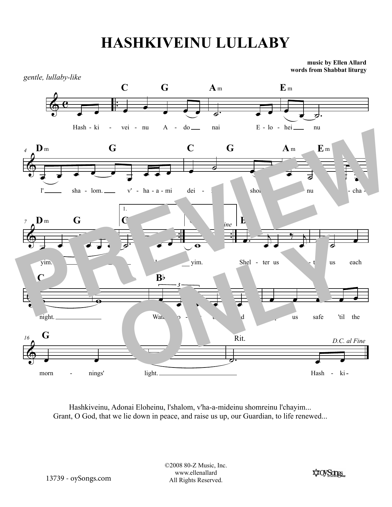 Ellen Allard Hashkiveinu Lullaby Sheet Music Notes & Chords for Melody Line, Lyrics & Chords - Download or Print PDF