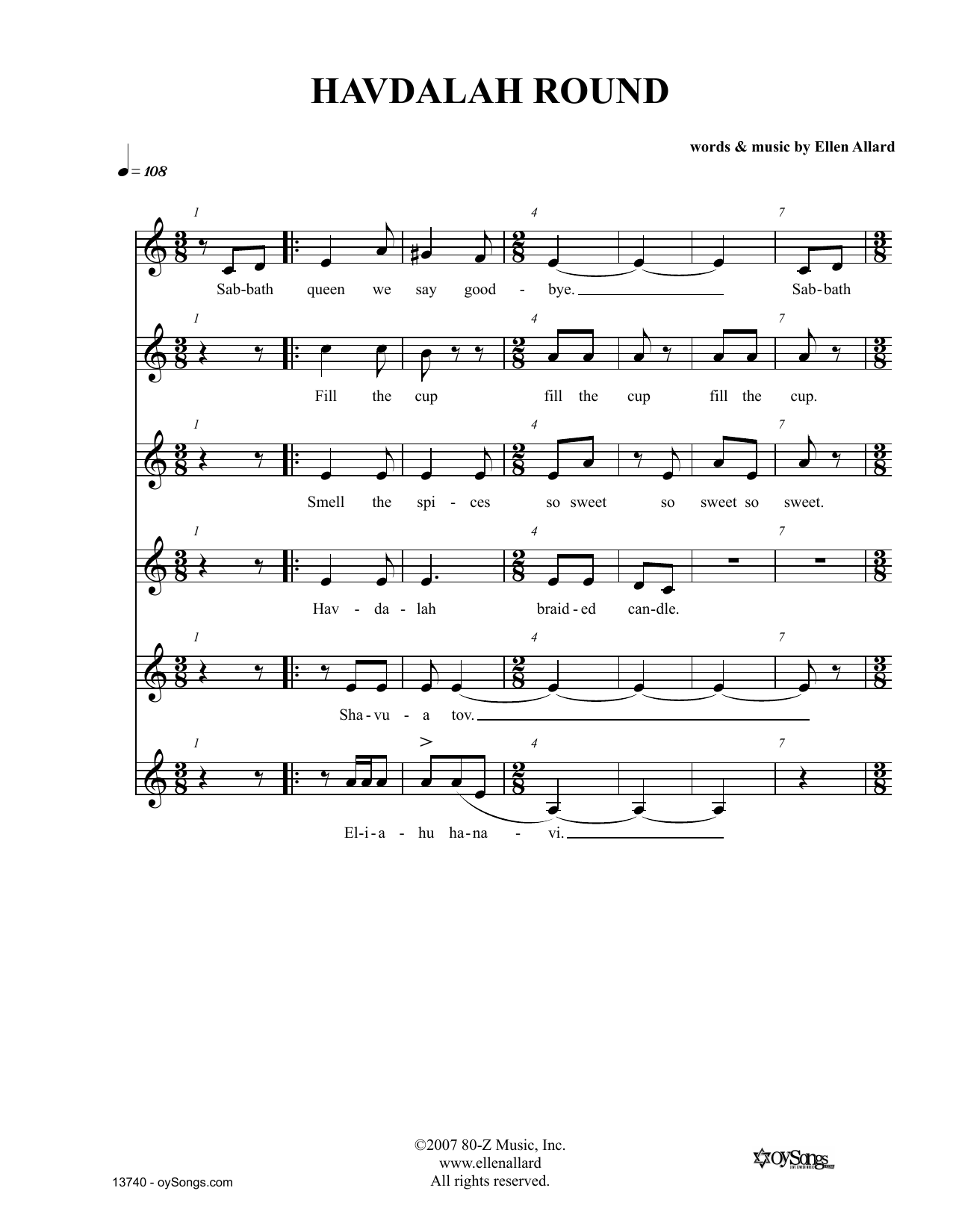 Ellen Allard Havdalah Round Sheet Music Notes & Chords for Melody Line, Lyrics & Chords - Download or Print PDF