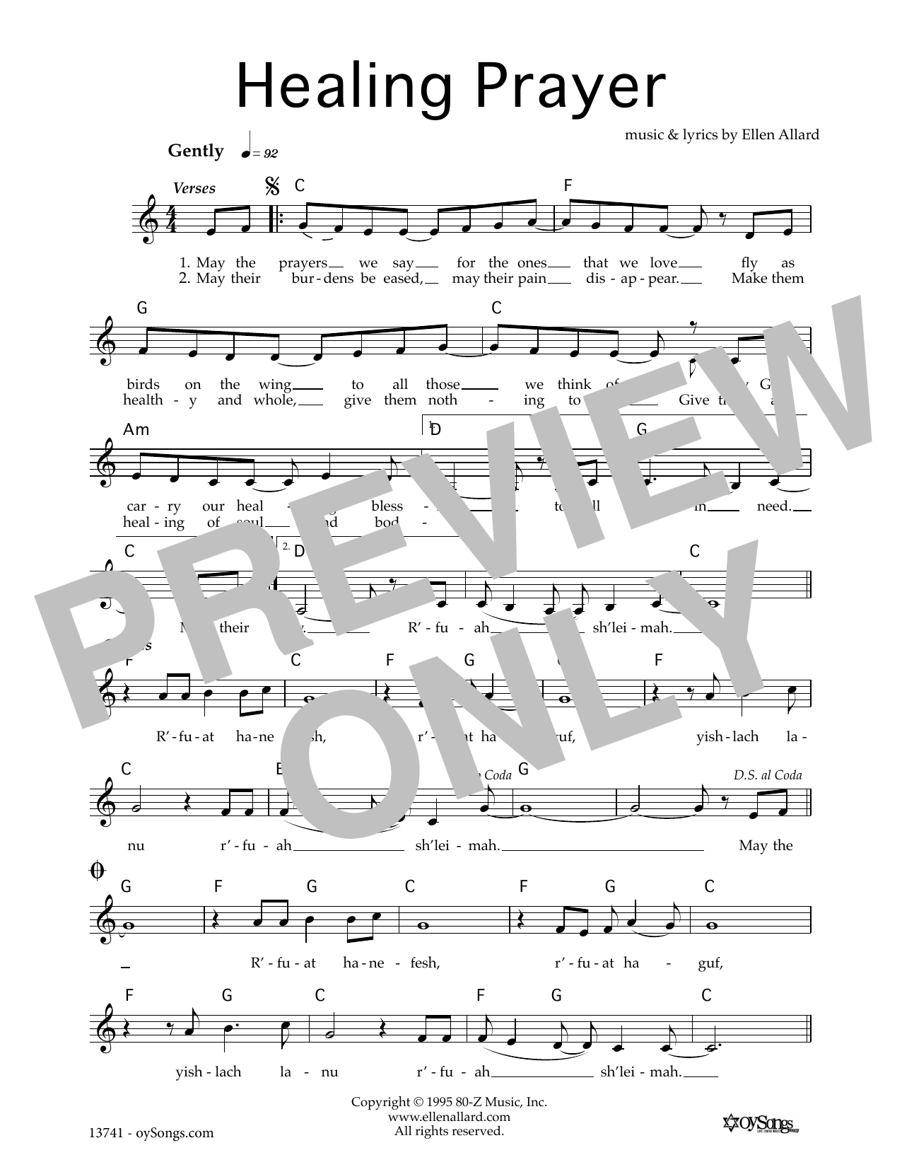 Ellen Allard Healing Prayer Sheet Music Notes & Chords for Melody Line, Lyrics & Chords - Download or Print PDF