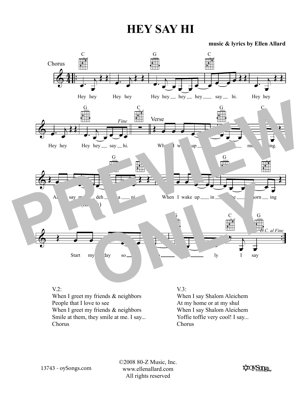 Ellen Allard Hey Say Hi Sheet Music Notes & Chords for Melody Line, Lyrics & Chords - Download or Print PDF
