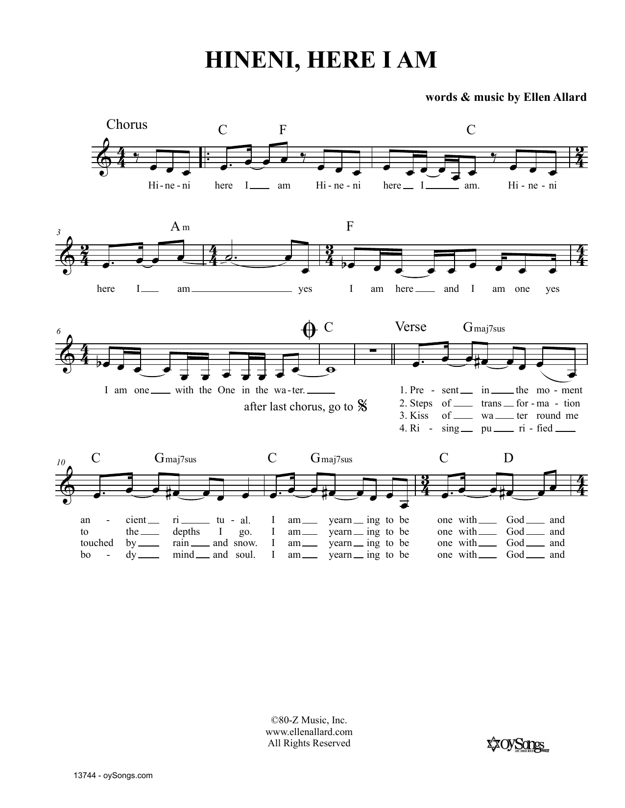 Ellen Allard Hineni Here I Am Sheet Music Notes & Chords for Melody Line, Lyrics & Chords - Download or Print PDF