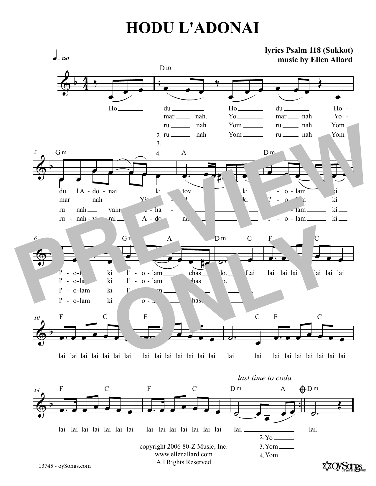 Ellen Allard Hodu L'Adonai Sheet Music Notes & Chords for Melody Line, Lyrics & Chords - Download or Print PDF