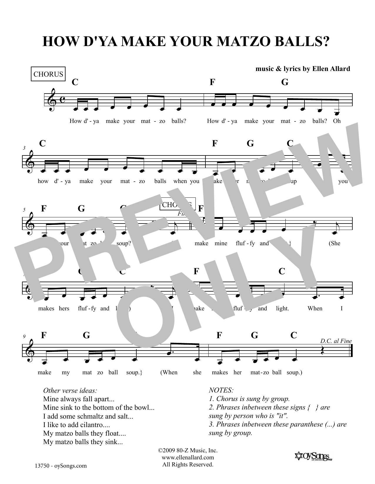 Ellen Allard How Do You Make Your Matzo Balls Sheet Music Notes & Chords for Melody Line, Lyrics & Chords - Download or Print PDF