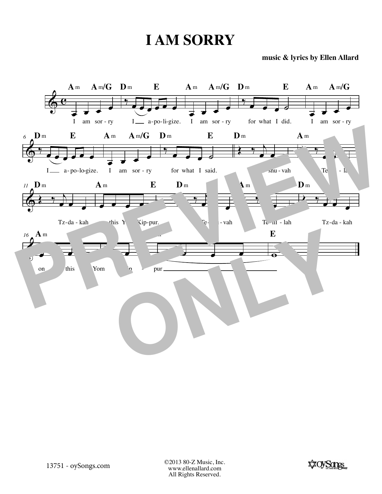 Ellen Allard I Am Sorry Sheet Music Notes & Chords for Melody Line, Lyrics & Chords - Download or Print PDF