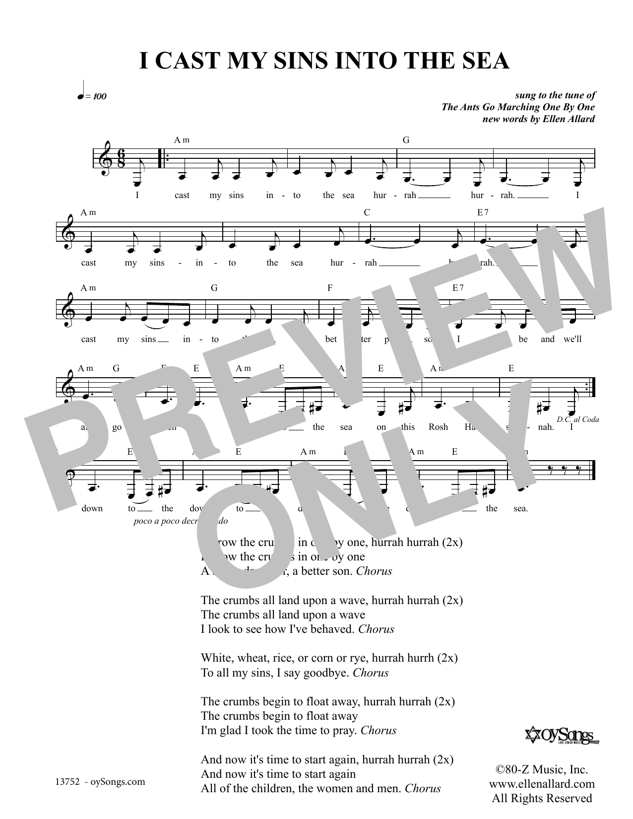 Ellen Allard I Cast My Sins Into The Sea Sheet Music Notes & Chords for Melody Line, Lyrics & Chords - Download or Print PDF