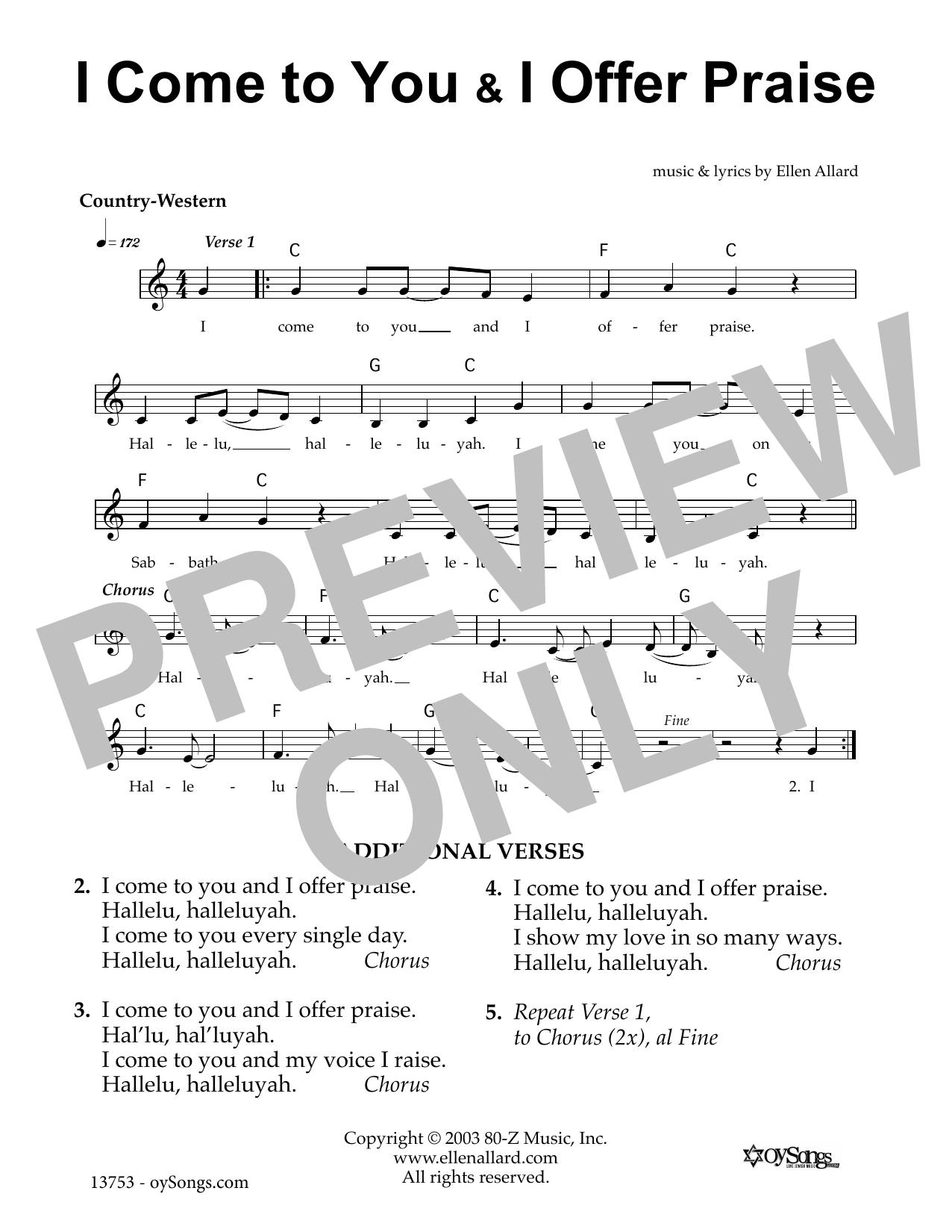 Ellen Allard I Come To You Offer Praise Sheet Music Notes & Chords for Melody Line, Lyrics & Chords - Download or Print PDF
