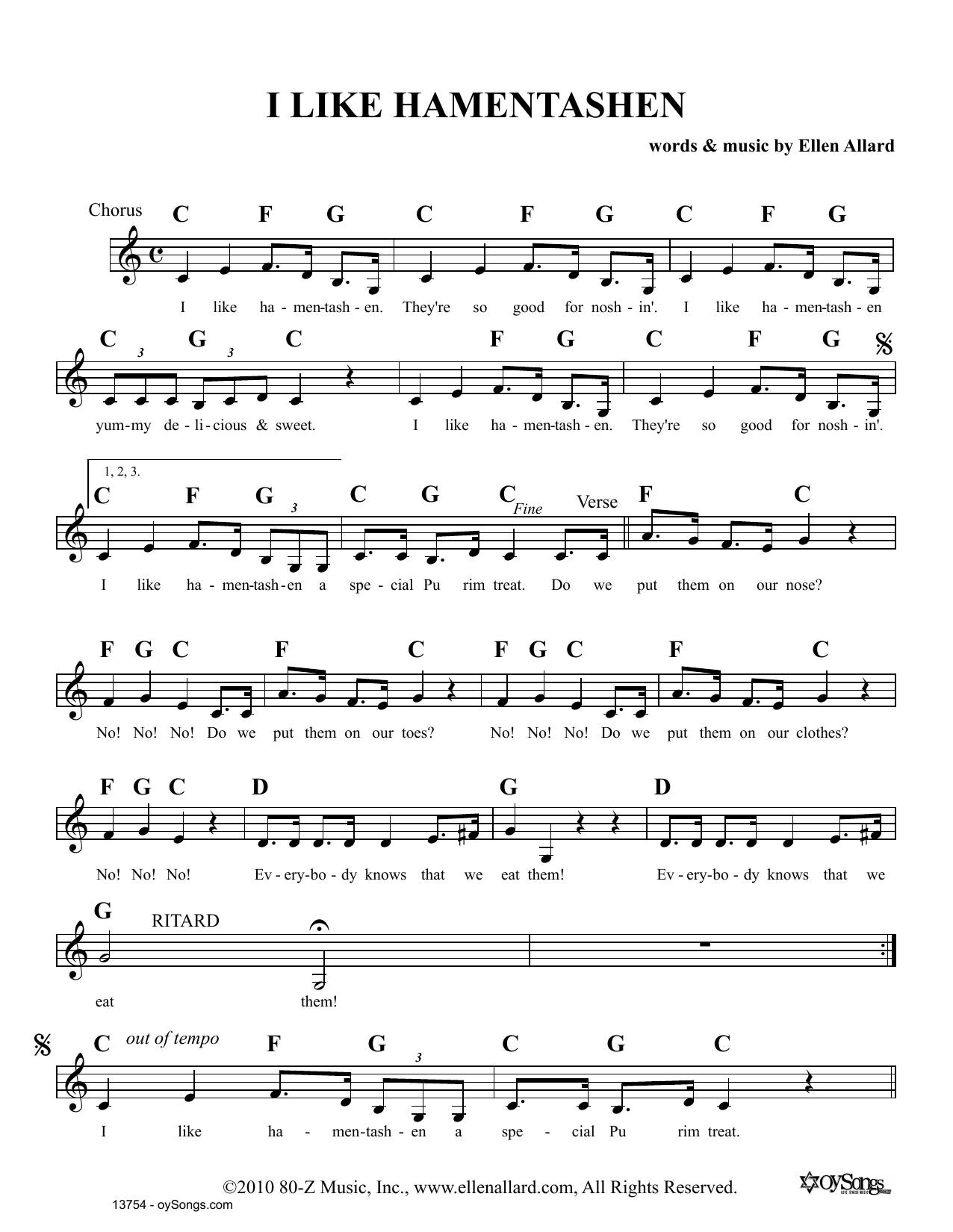 Ellen Allard I Like Hamentashen Sheet Music Notes & Chords for Melody Line, Lyrics & Chords - Download or Print PDF