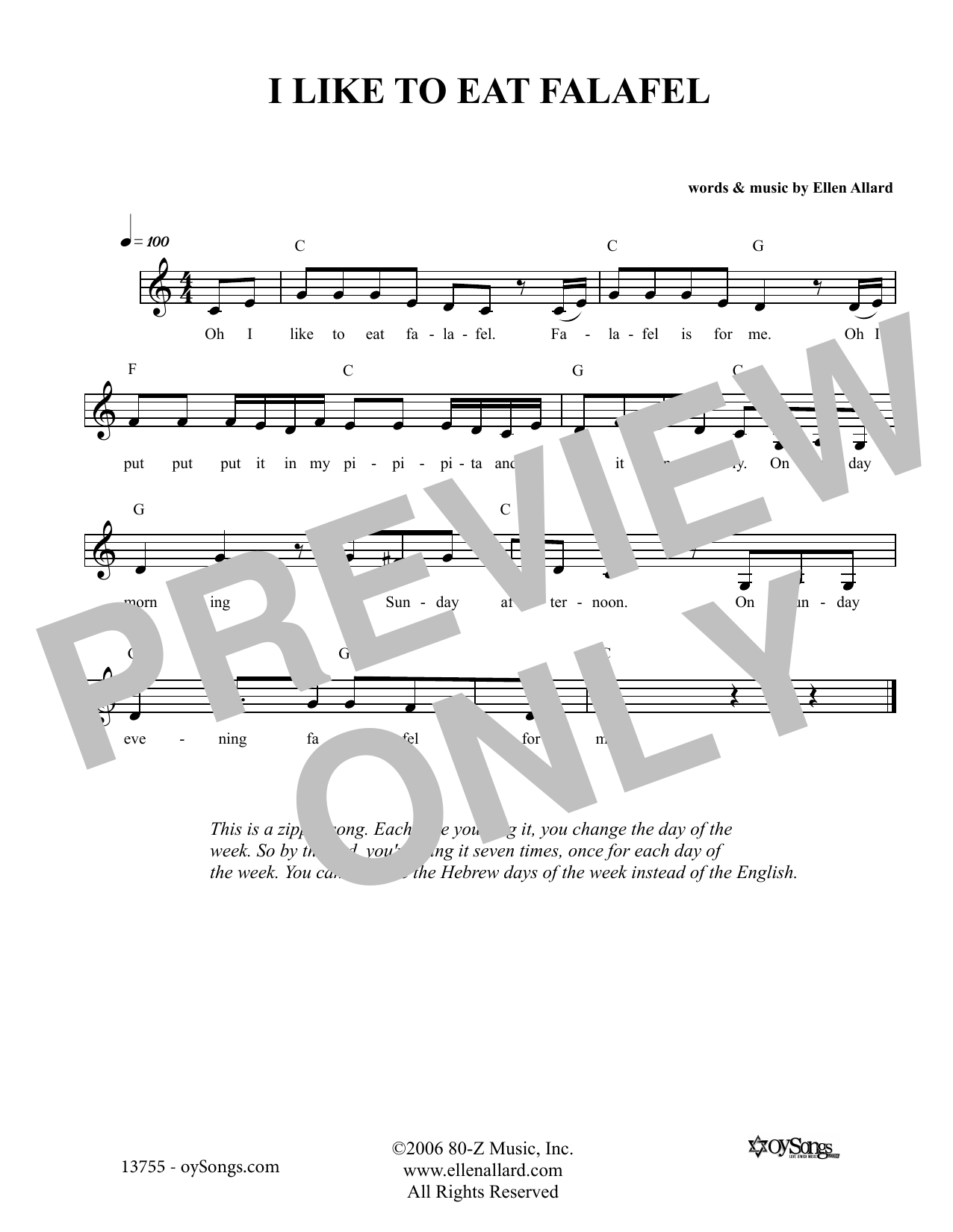 Ellen Allard I Like To Eat Felafel Sheet Music Notes & Chords for Melody Line, Lyrics & Chords - Download or Print PDF