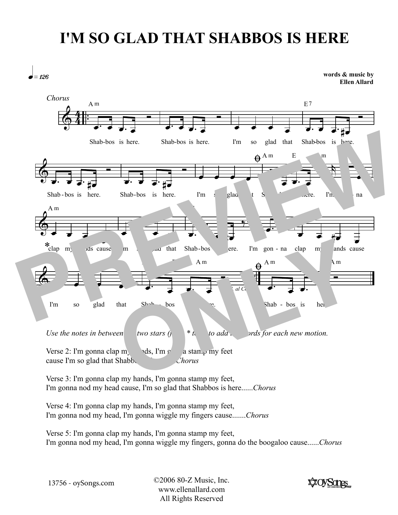 Ellen Allard I'm So Glad That Shabbos Is Here Sheet Music Notes & Chords for Melody Line, Lyrics & Chords - Download or Print PDF