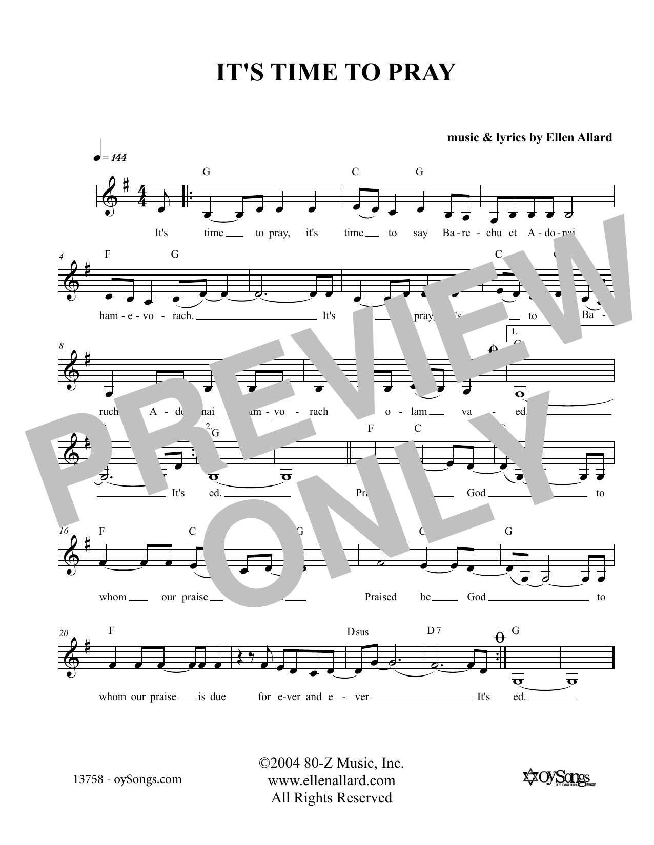 Ellen Allard It's Time To Pray Sheet Music Notes & Chords for Melody Line, Lyrics & Chords - Download or Print PDF