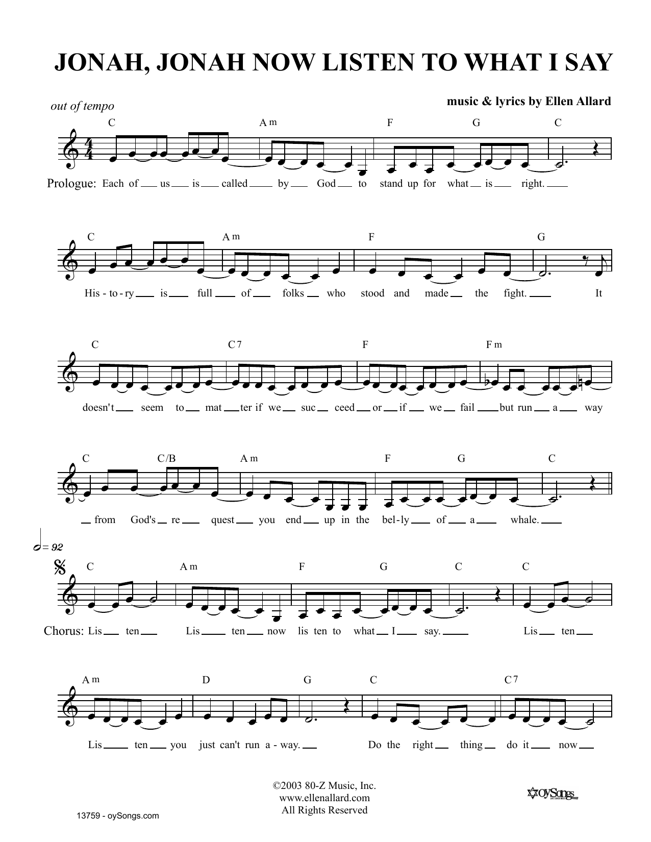 Ellen Allard Jonah Listen To What I Say Sheet Music Notes & Chords for Melody Line, Lyrics & Chords - Download or Print PDF Ellen Allard Jonah Listen To What I Say Sheet Music Notes & Chords for Melody Line, Lyrics & Chords - Download or Print PDF