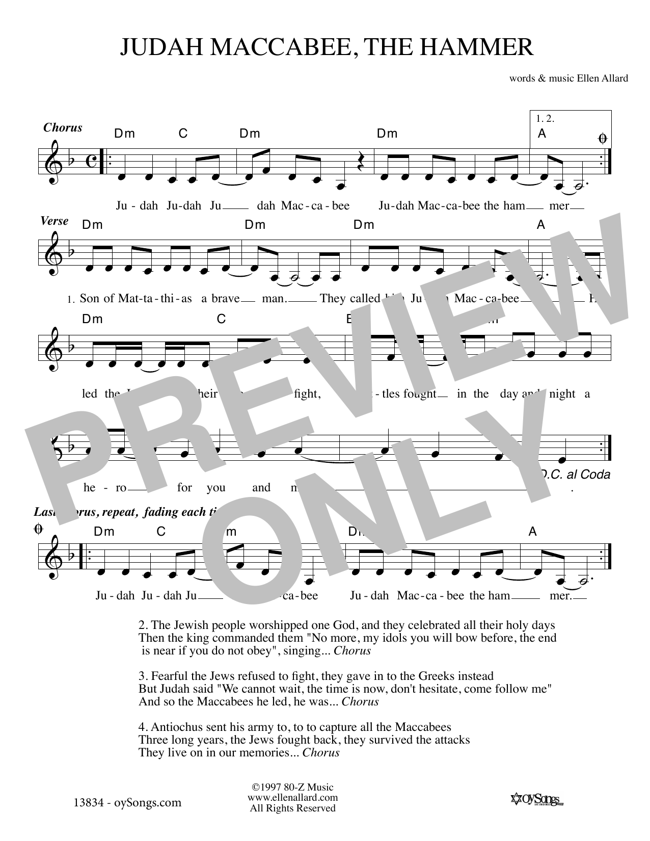 Ellen Allard Judah Macabee Sheet Music Notes & Chords for Melody Line, Lyrics & Chords - Download or Print PDF