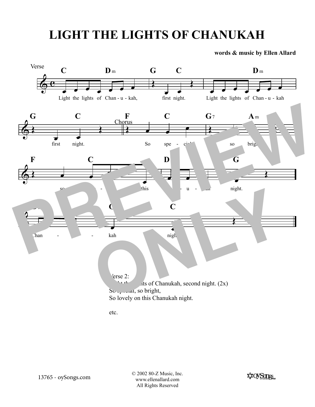 Ellen Allard Light The Lights Of Chanukah Sheet Music Notes & Chords for Melody Line, Lyrics & Chords - Download or Print PDF