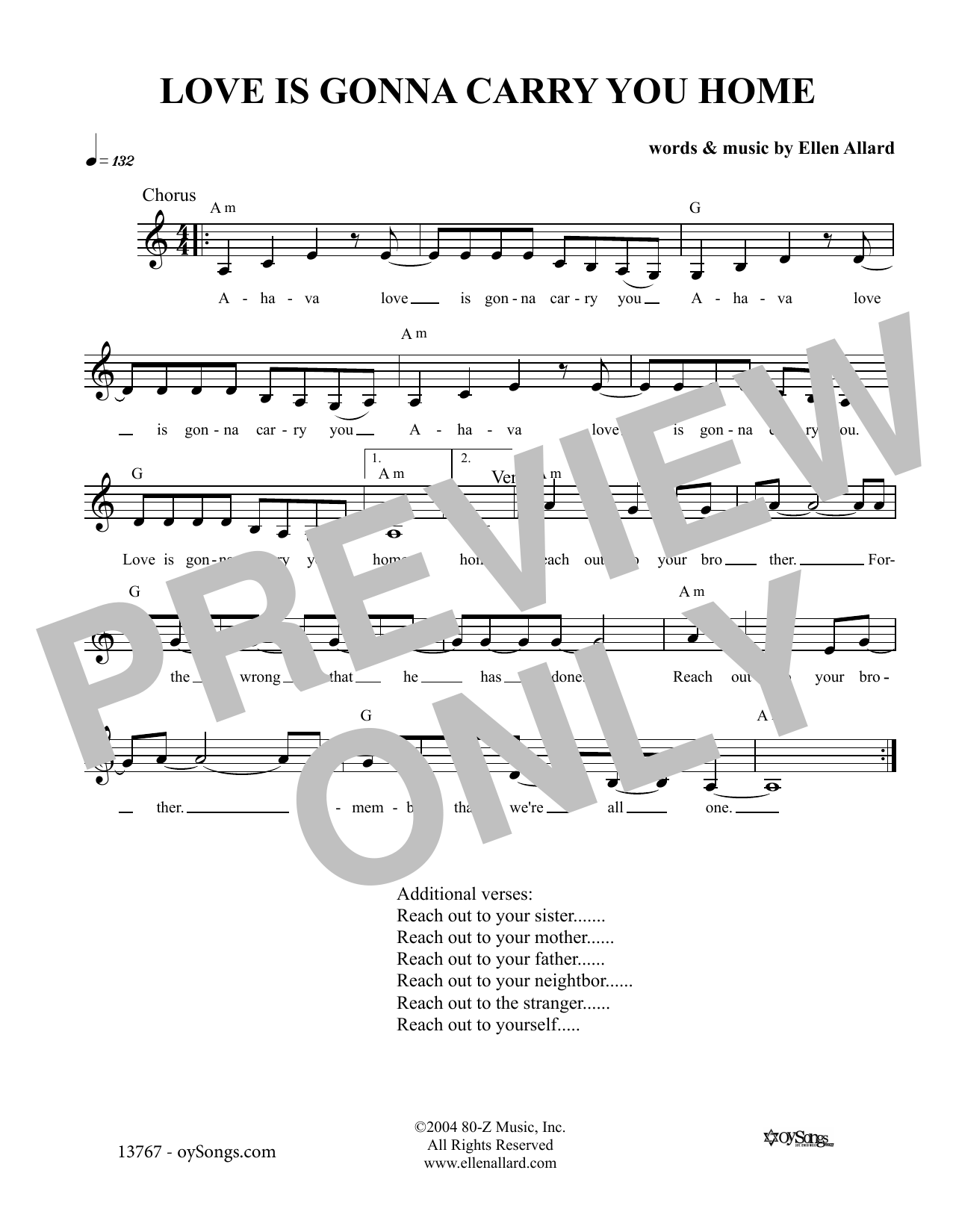 Ellen Allard Love Is Gonna Carry You Sheet Music Notes & Chords for Melody Line, Lyrics & Chords - Download or Print PDF