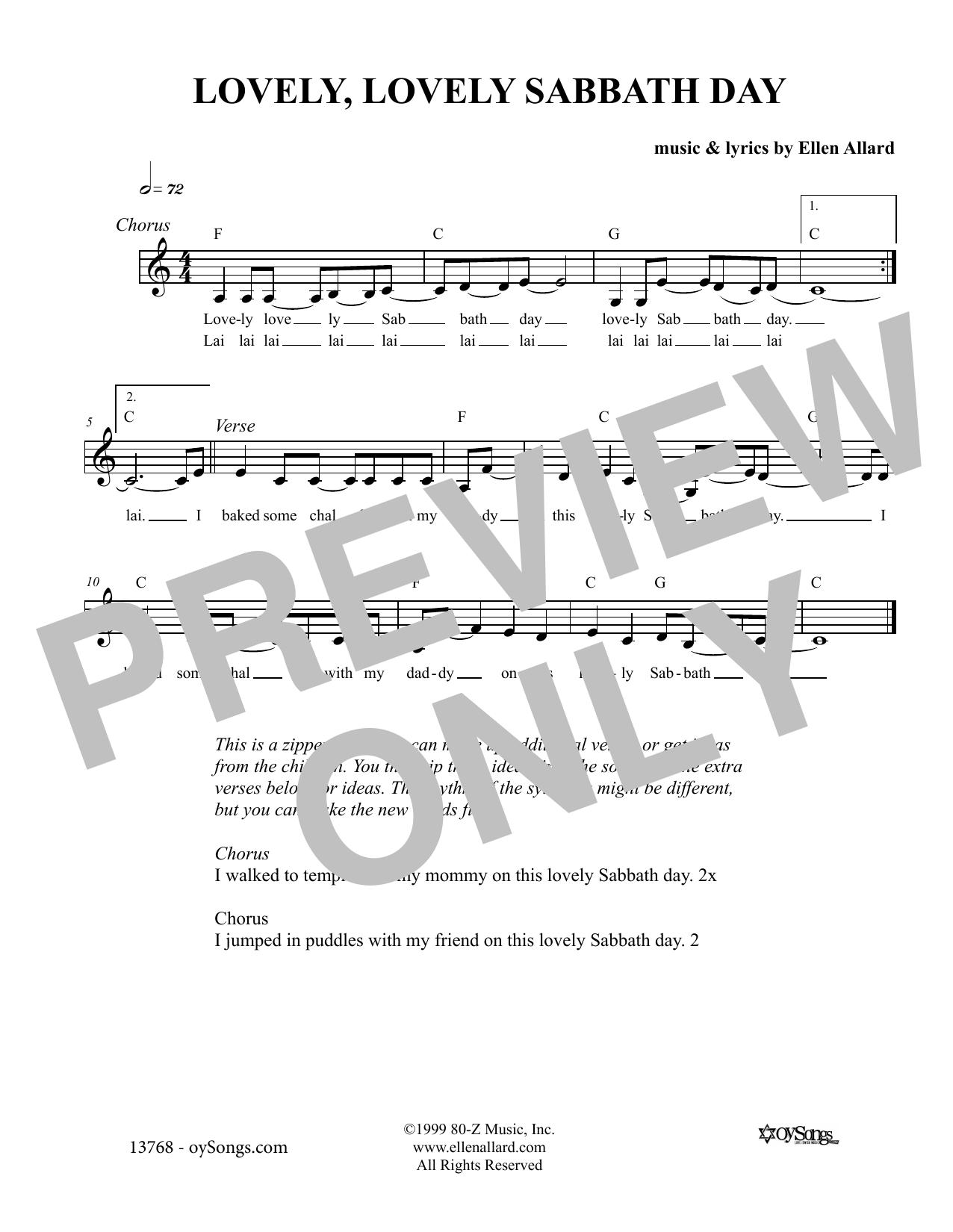 Ellen Allard Lovely Lovely Sabbath Day Sheet Music Notes & Chords for Melody Line, Lyrics & Chords - Download or Print PDF