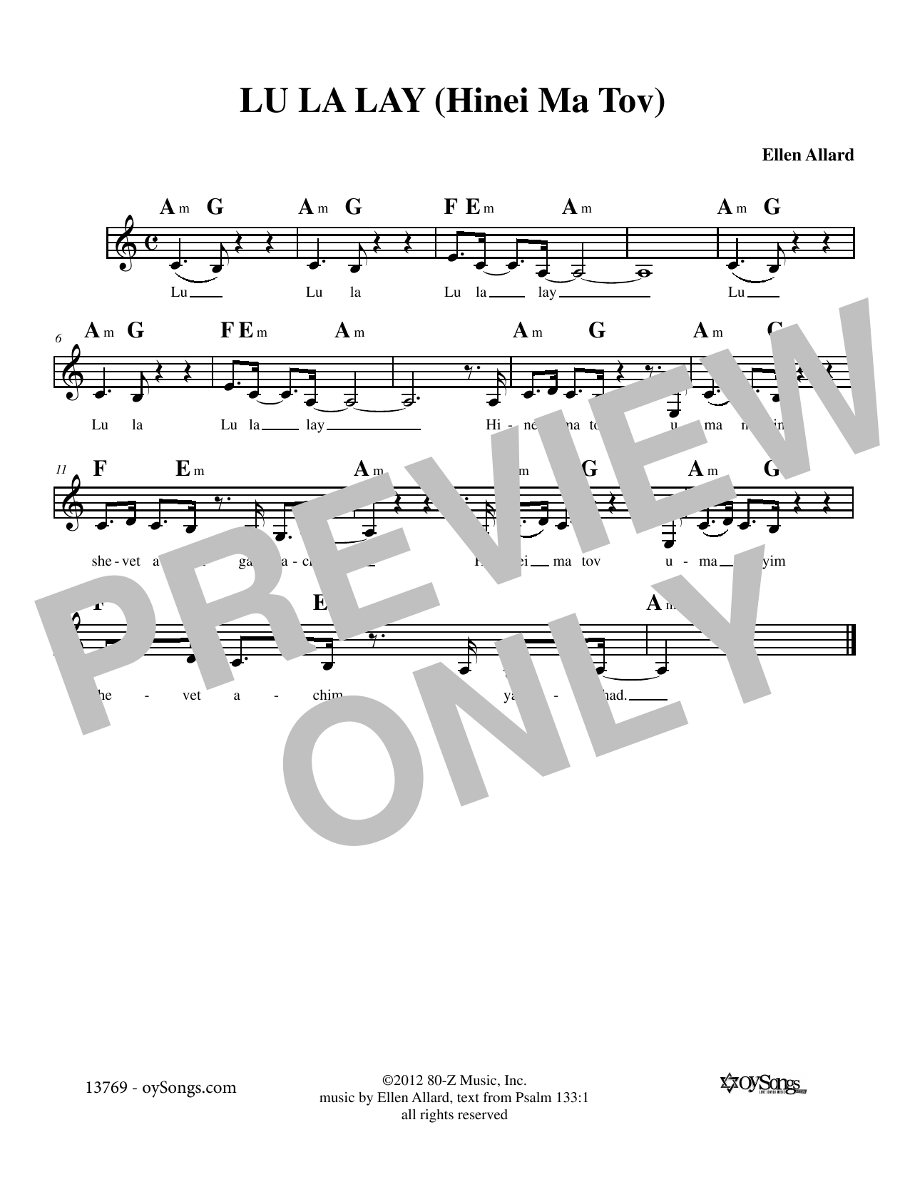 Ellen Allard Lu La Lay Hinei Ma Tov Sheet Music Notes & Chords for Melody Line, Lyrics & Chords - Download or Print PDF