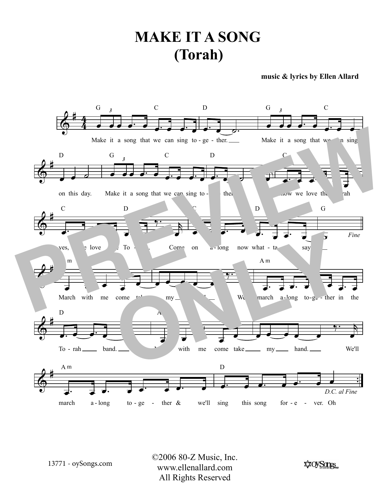 Ellen Allard Make It A Song Torah Sheet Music Notes & Chords for Melody Line, Lyrics & Chords - Download or Print PDF