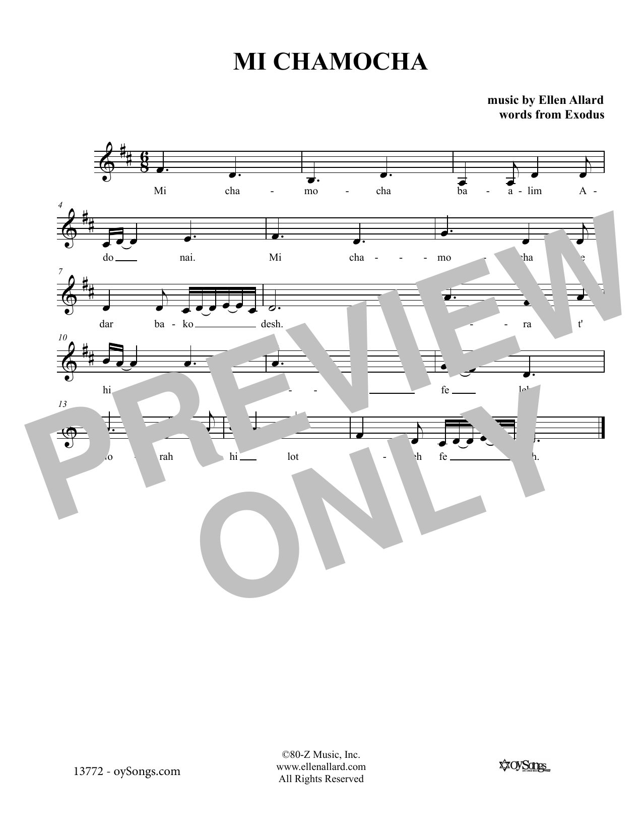 Ellen Allard Mi Chamocha Sheet Music Notes & Chords for Melody Line, Lyrics & Chords - Download or Print PDF
