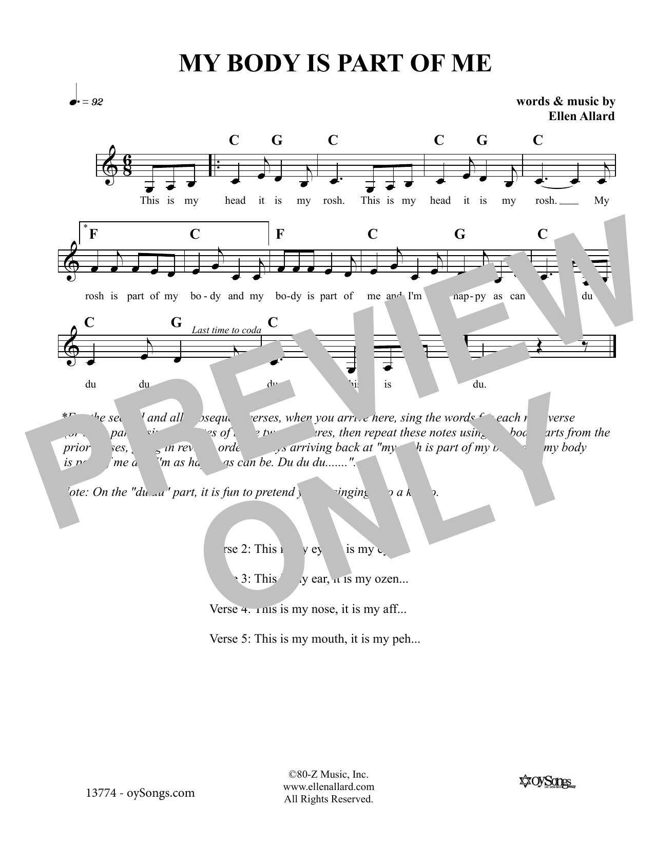 Ellen Allard My Body Is Part Of Me Sheet Music Notes & Chords for Melody Line, Lyrics & Chords - Download or Print PDF