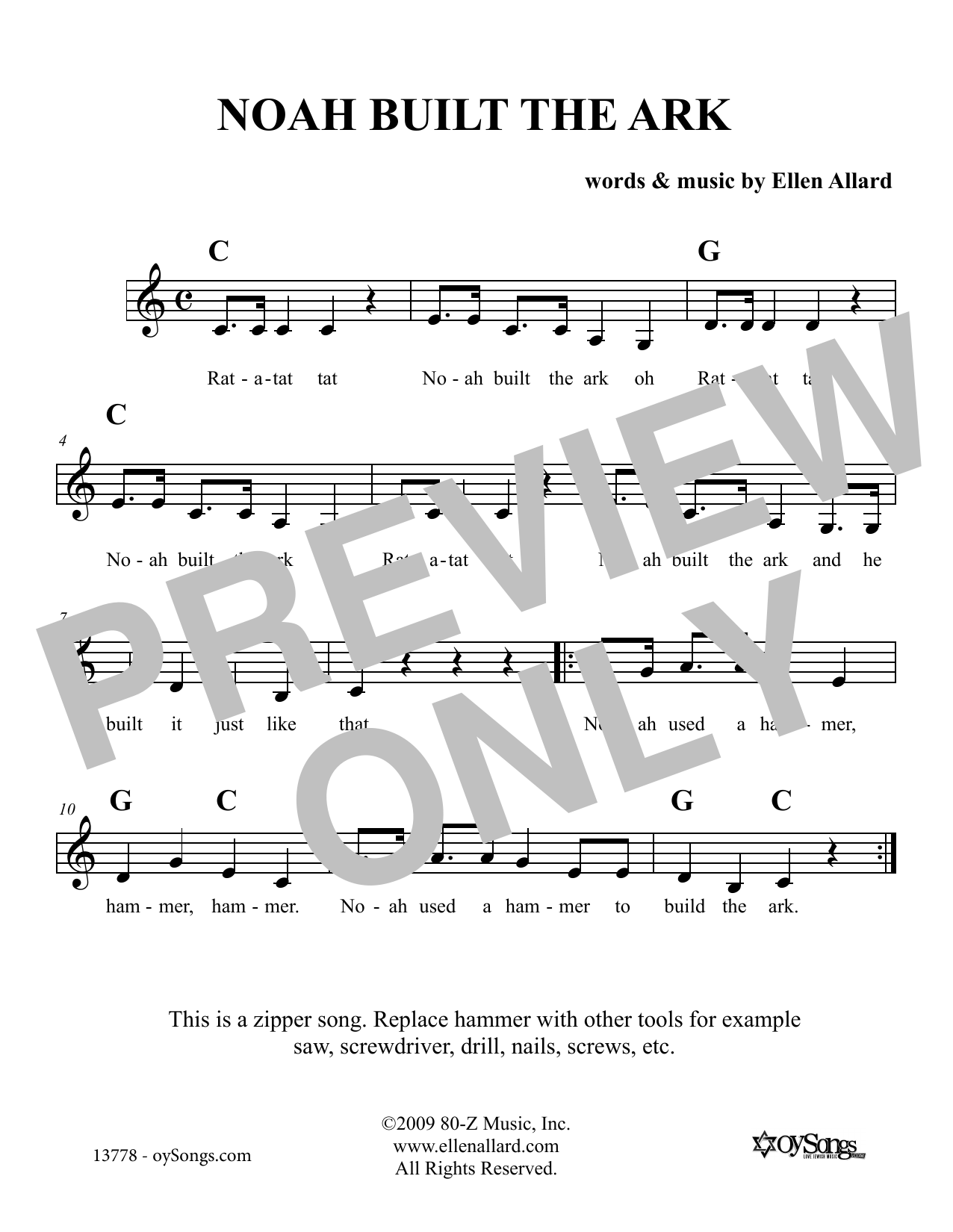 Ellen Allard Noah Built The Ark Sheet Music Notes & Chords for Melody Line, Lyrics & Chords - Download or Print PDF