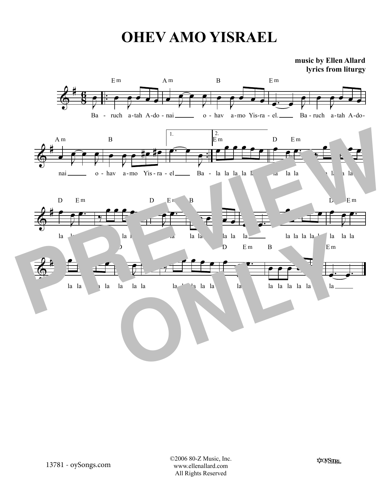 Ellen Allard Ohev Amo Yisrael Sheet Music Notes & Chords for Melody Line, Lyrics & Chords - Download or Print PDF
