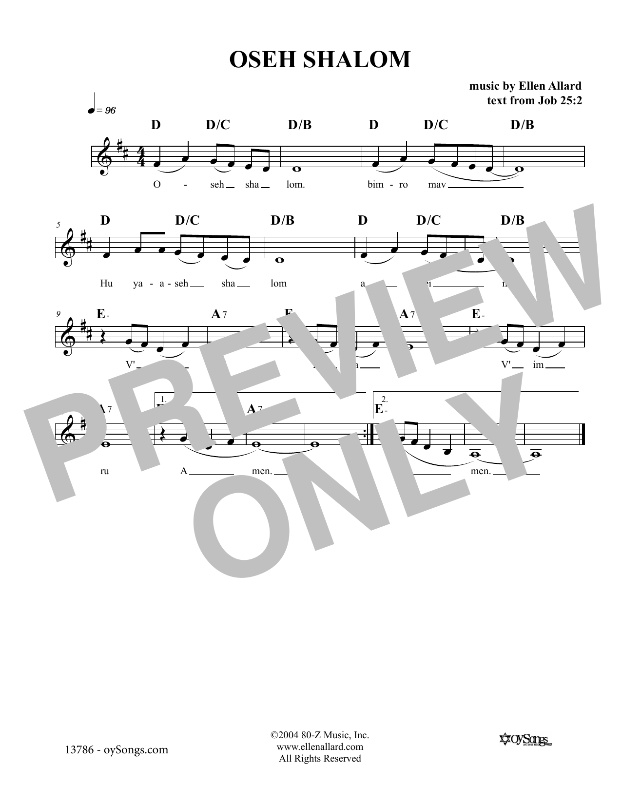 Ellen Allard Oseh Shalom Sheet Music Notes & Chords for Melody Line, Lyrics & Chords - Download or Print PDF