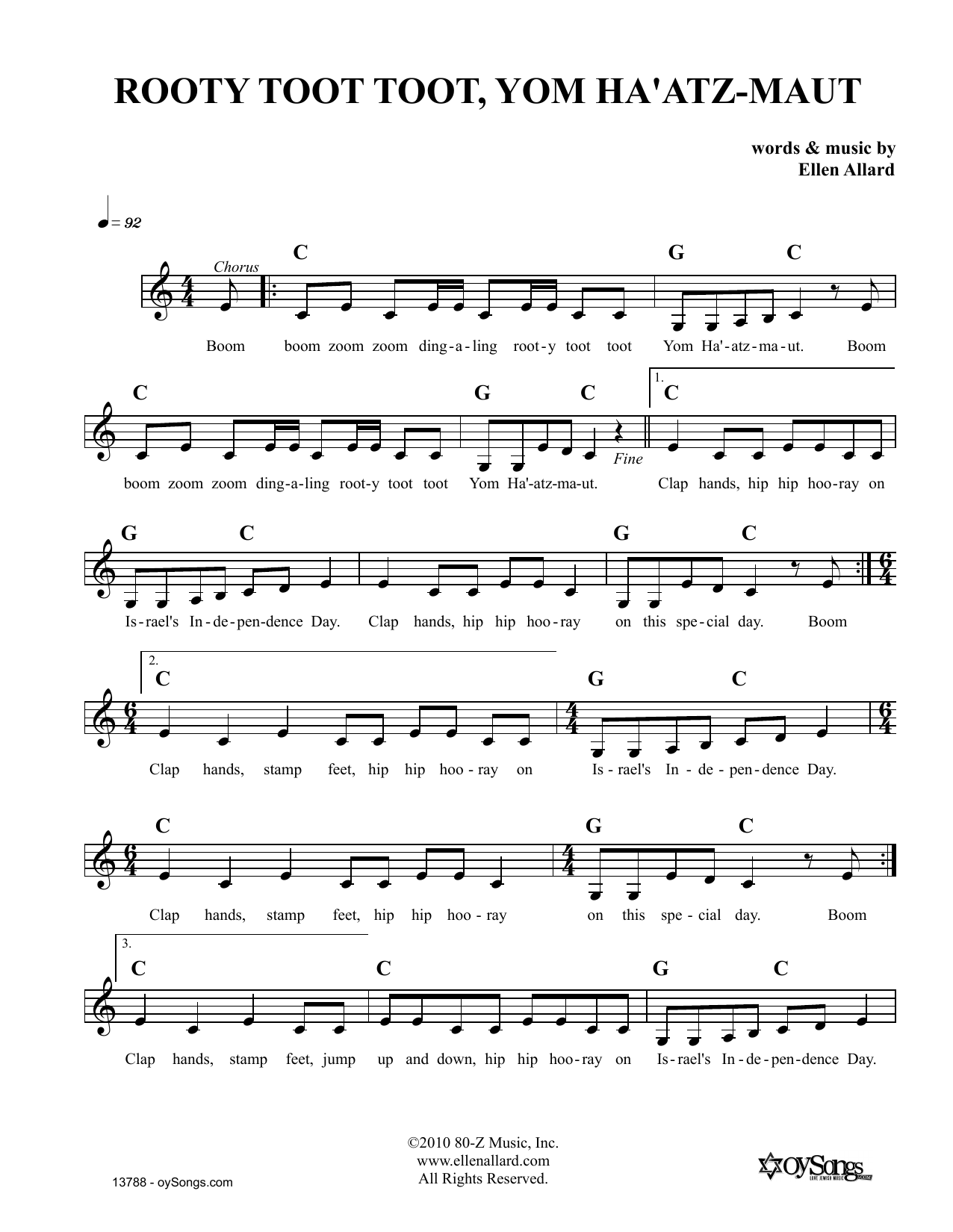 Ellen Allard Rooty Toot Toot Yom Haatzmaut Sheet Music Notes & Chords for Melody Line, Lyrics & Chords - Download or Print PDF