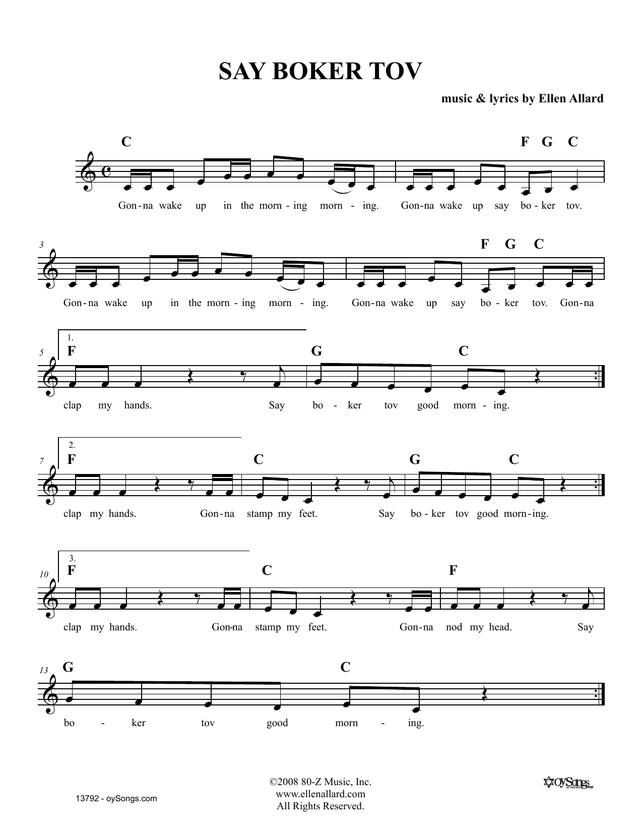 Ellen Allard Say Boker Tov Sheet Music Notes & Chords for Melody Line, Lyrics & Chords - Download or Print PDF