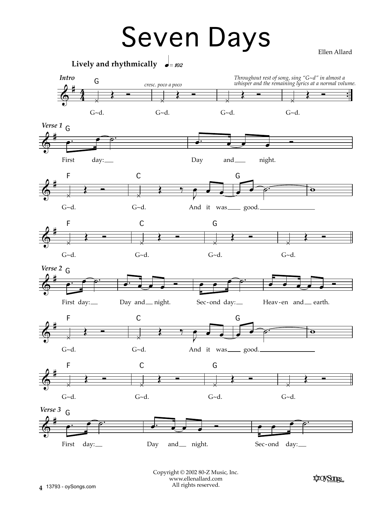 Ellen Allard Seven Days Sheet Music Notes & Chords for Melody Line, Lyrics & Chords - Download or Print PDF