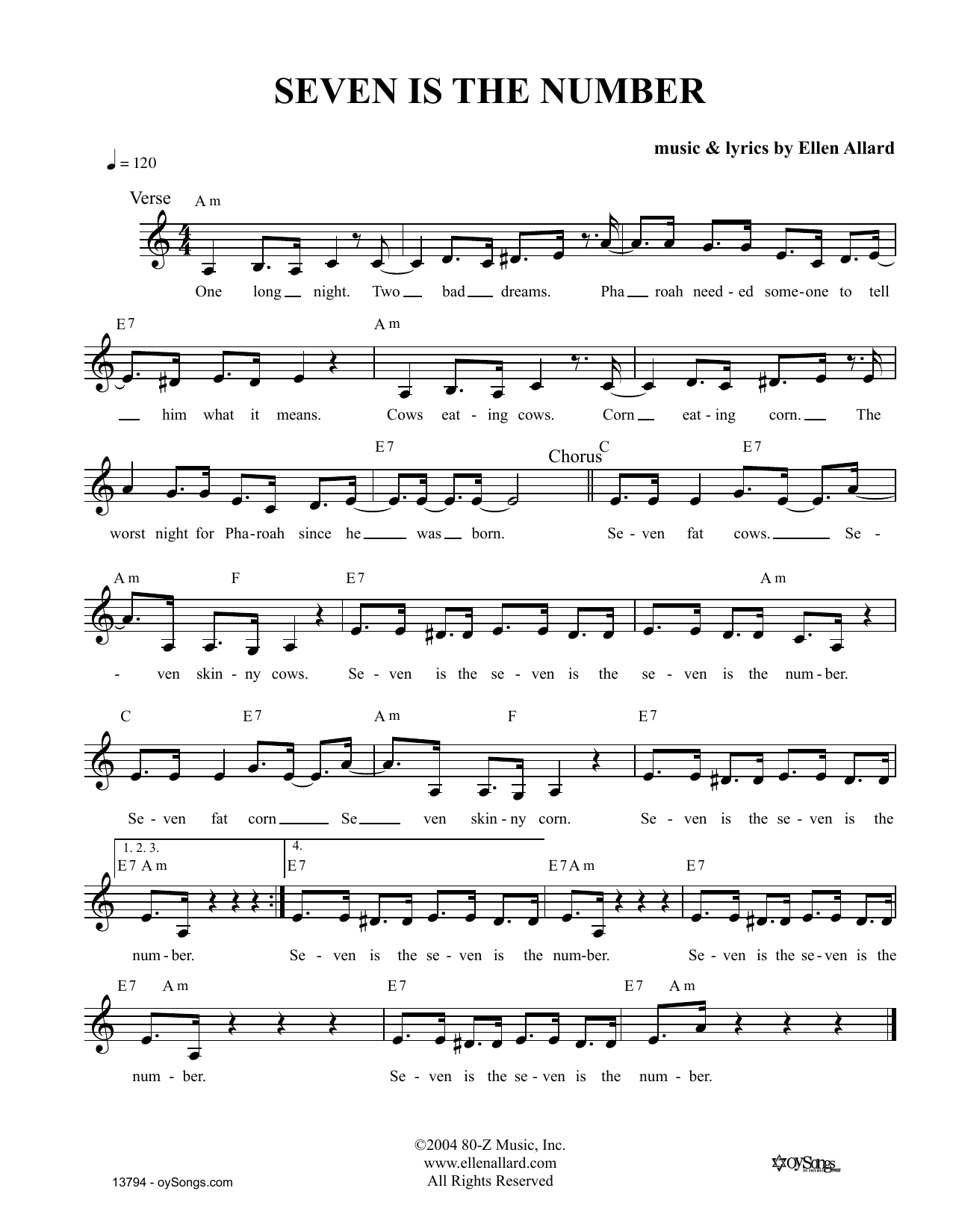 Ellen Allard Seven Is The Number Sheet Music Notes & Chords for Melody Line, Lyrics & Chords - Download or Print PDF