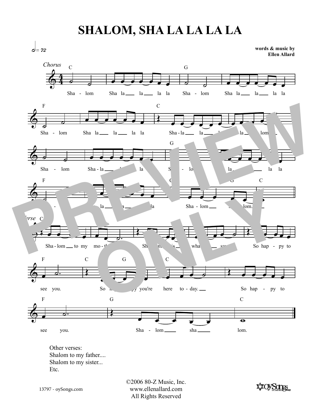Ellen Allard Shalom Sha La La La Sheet Music Notes & Chords for Melody Line, Lyrics & Chords - Download or Print PDF