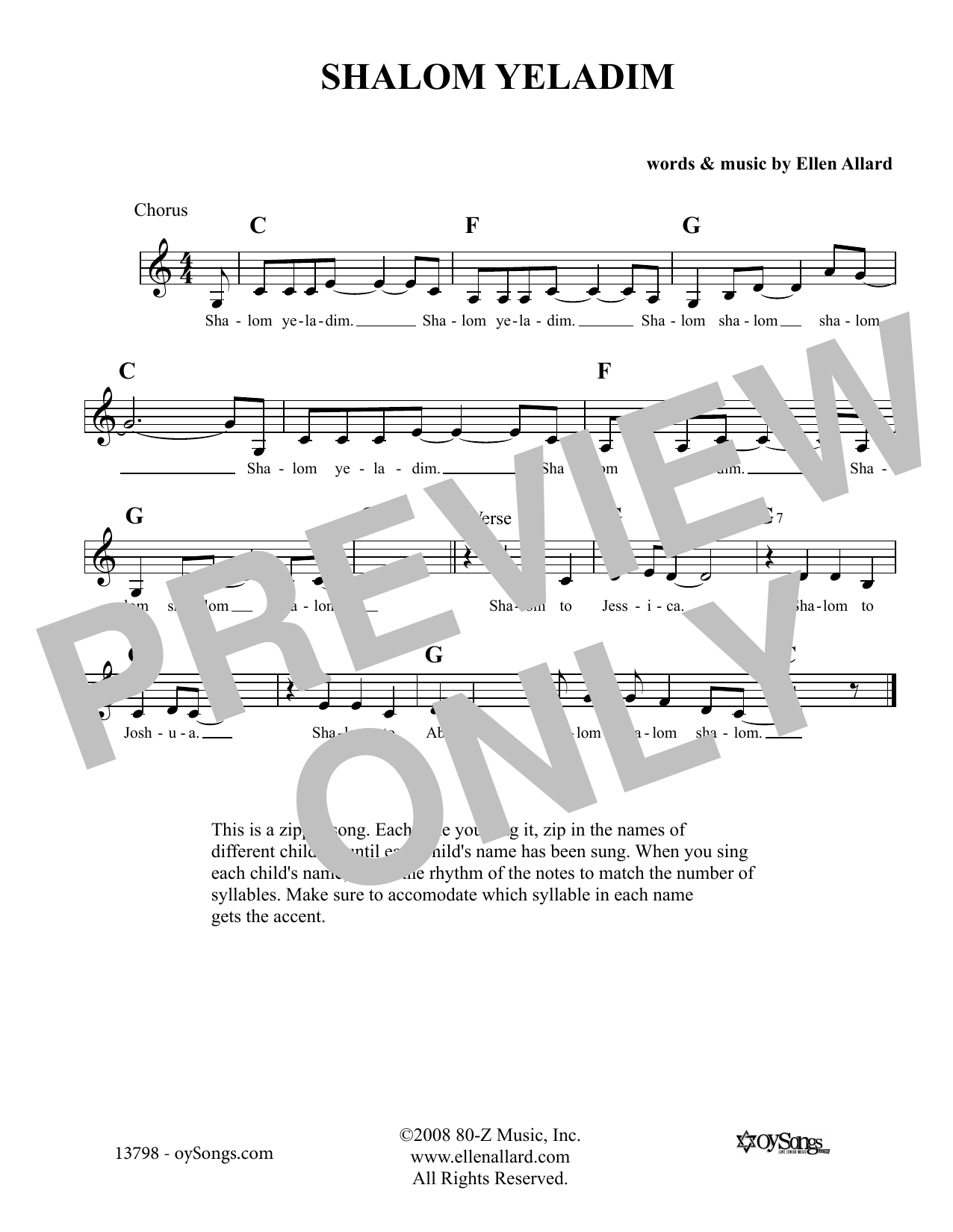 Ellen Allard Shalom Yeladim Sheet Music Notes & Chords for Melody Line, Lyrics & Chords - Download or Print PDF