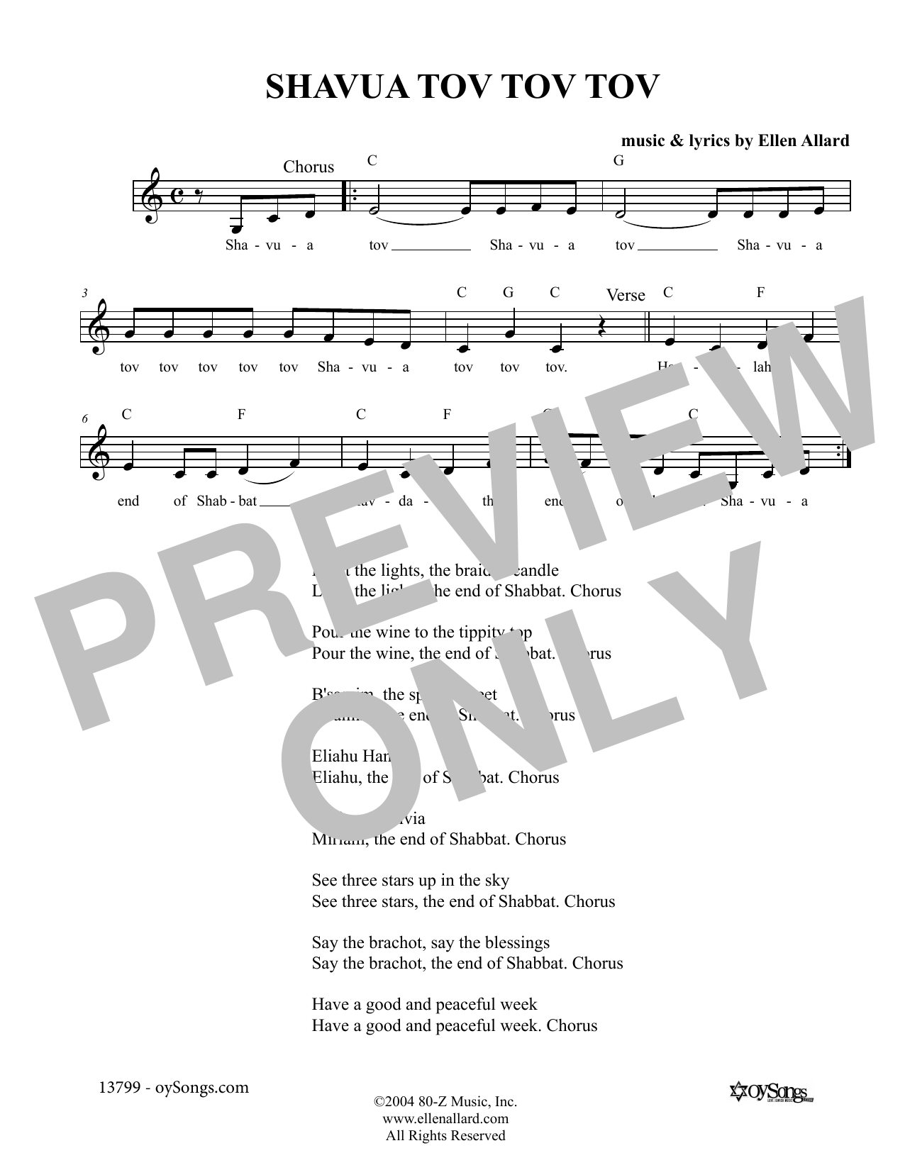 Ellen Allard Shavua Tov Tov Tov Sheet Music Notes & Chords for Melody Line, Lyrics & Chords - Download or Print PDF