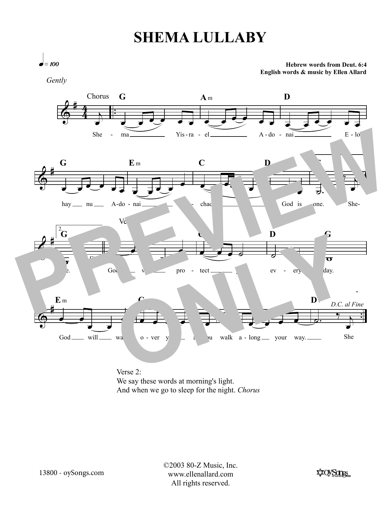 Ellen Allard Shema Lullaby Sheet Music Notes & Chords for Melody Line, Lyrics & Chords - Download or Print PDF