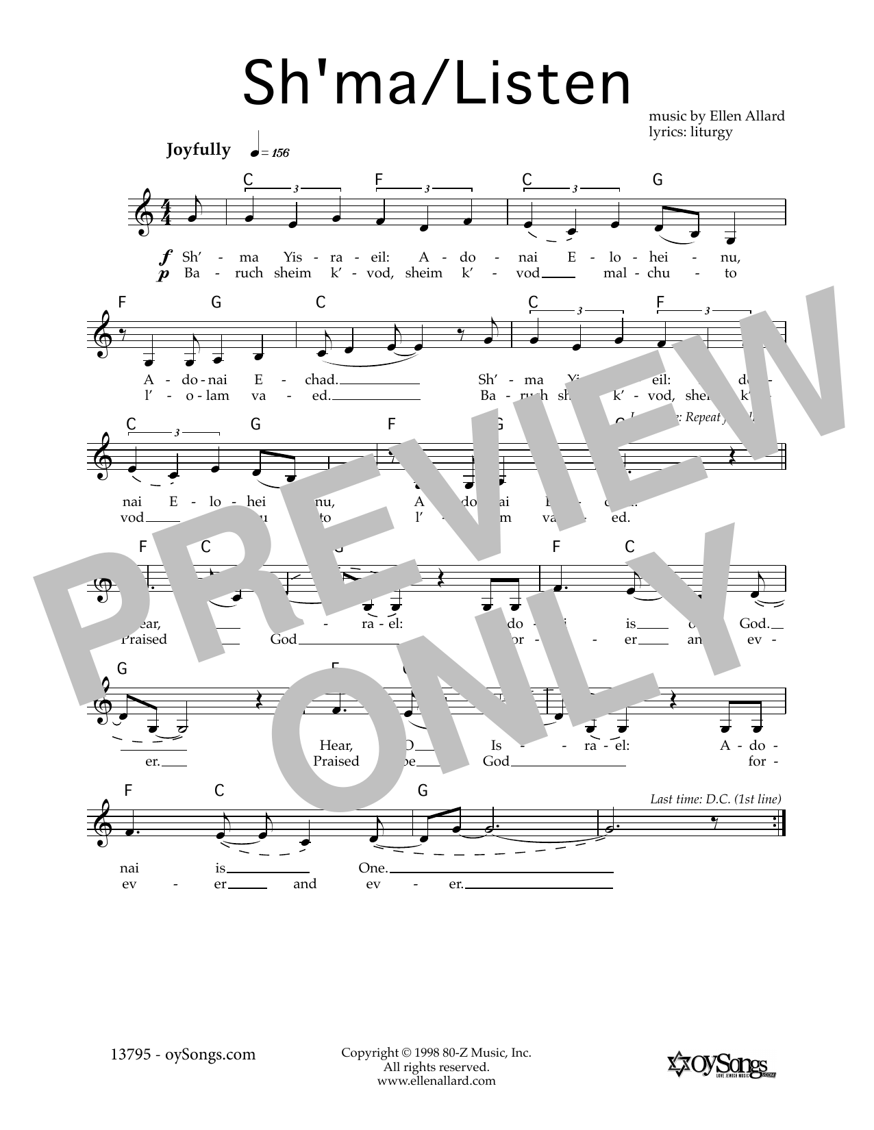 Ellen Allard Sh'ma-Listen Sheet Music Notes & Chords for Melody Line, Lyrics & Chords - Download or Print PDF