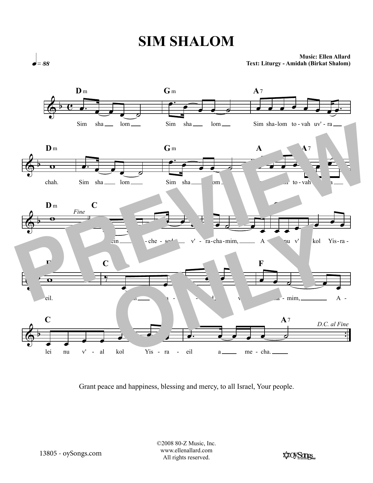 Ellen Allard Sim Shalom Sheet Music Notes & Chords for Melody Line, Lyrics & Chords - Download or Print PDF