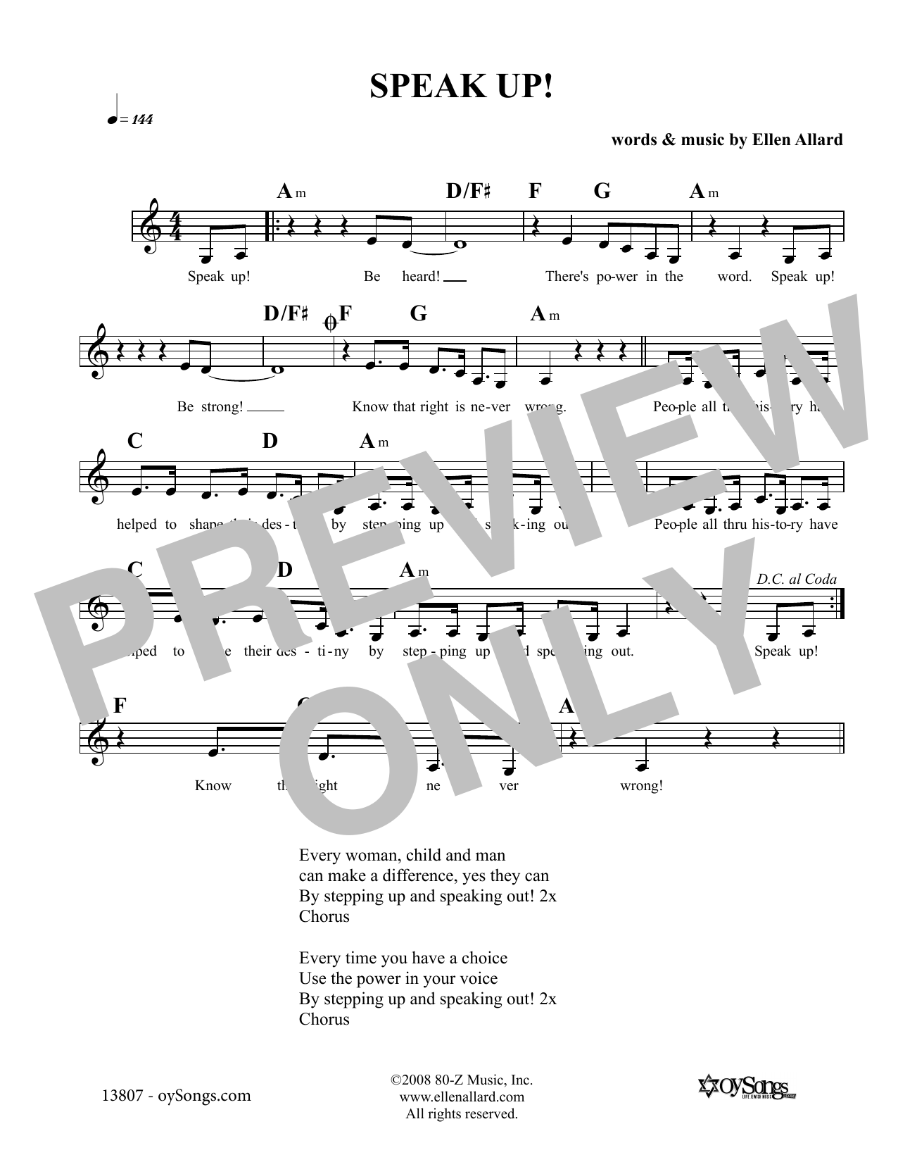 Ellen Allard Speak Up Sheet Music Notes & Chords for Melody Line, Lyrics & Chords - Download or Print PDF