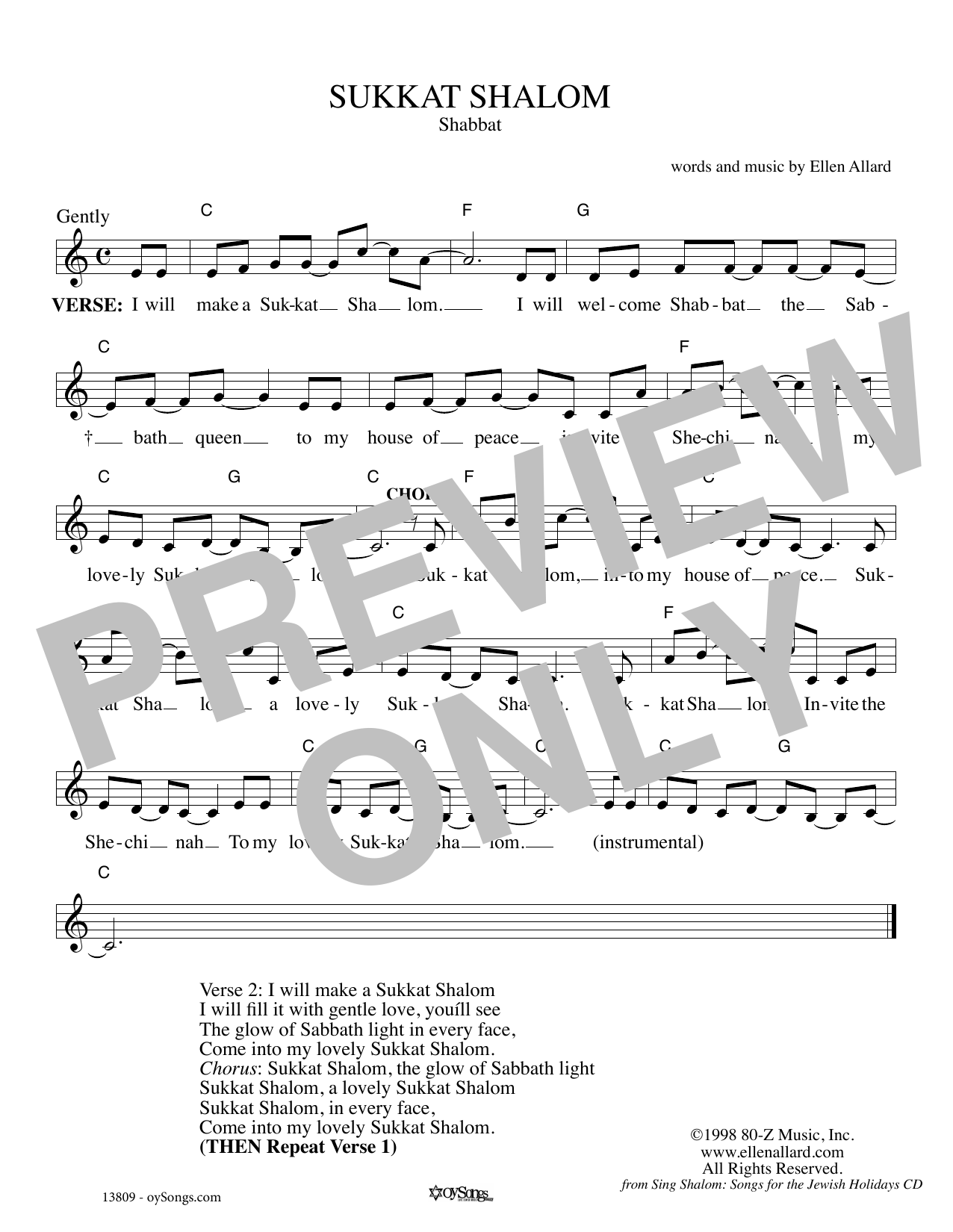 Ellen Allard Sukkat Shalom Sheet Music Notes & Chords for Melody Line, Lyrics & Chords - Download or Print PDF