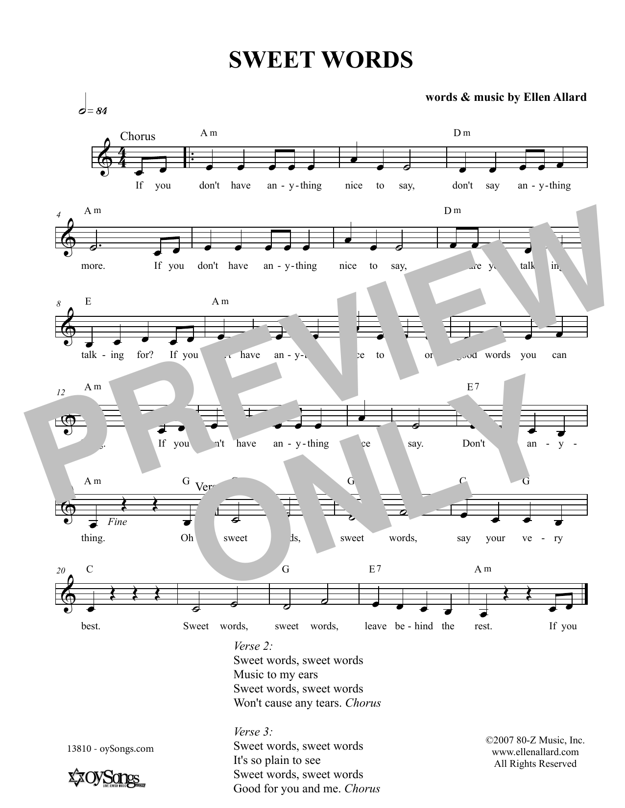 Ellen Allard Sweet Words Sheet Music Notes & Chords for Melody Line, Lyrics & Chords - Download or Print PDF