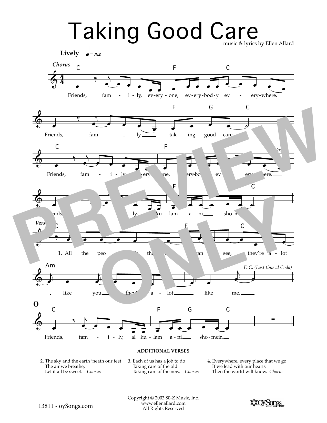 Ellen Allard Taking Good Care Sheet Music Notes & Chords for Melody Line, Lyrics & Chords - Download or Print PDF